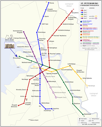 The Map of the <a href='http://en.wikipedia.org/wiki/Saint_Petersburg_Metro'>Saint Petersburg Metro (Underground Railway)</a>